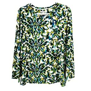 Chico's Ikat Liquid Knit Abstract Tunic Top Shirt Women's Large Blue Stretch